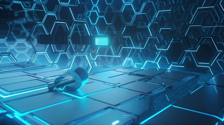 3D rendering of abstract technological background with hexagons and connection linesの素材