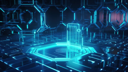 3D rendering of a hologram of a mobile phone on a technological background.の素材