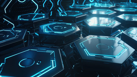 3d rendering of abstract technology background with hexagons and glowing lightsの素材