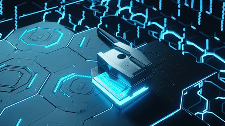 3d rendering of a cyber security concept with binary code on the backgroundの素材