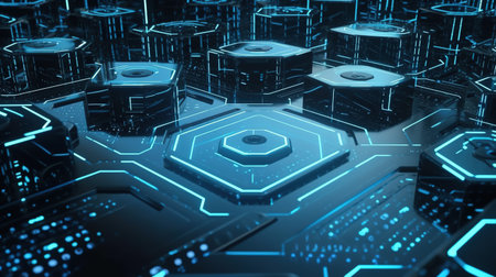 3D rendering of abstract technological background with hexagons and blue lightsの素材