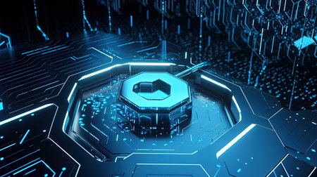 3d rendering of abstract technology background with hexagons and circuit boardの素材