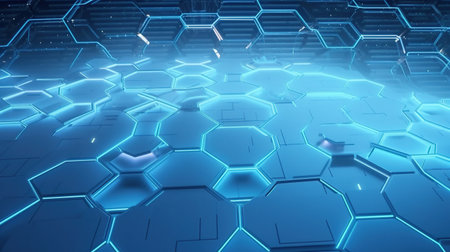 3d rendering of abstract background with hexagons and blue glowing lightsの素材