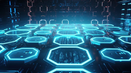 Futuristic interface with hexagons and glowing lights 3D renderingの素材