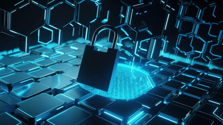 3D rendering of abstract technology background with hexagons and digital elementsの素材