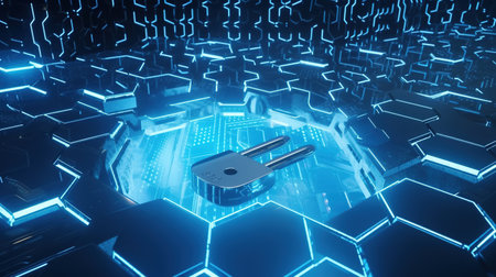 Cyber security concept with padlock on hexagonal background 3D renderingの素材