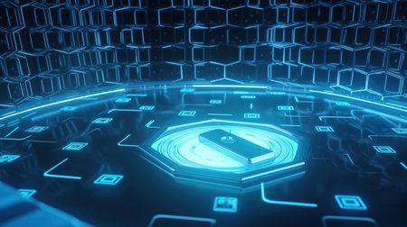 Abstract technology background with hexagons and glowing lights. 3D Renderingの素材