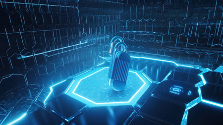 Cyber security concept. Padlock on hexagonal background. 3D renderingの素材