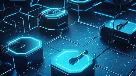 3D rendering of abstract technological background with hexagons and glowing elementsの素材