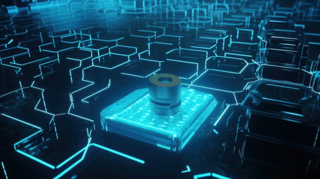 Cyber security concept with padlock on hexagonal background 3D renderingの素材