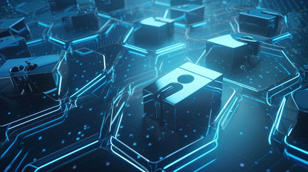 3d rendering of abstract technology background with hexagons and glowing lightsの素材