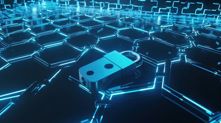 3d rendering of computer circuit board with microchip in blue lightの素材