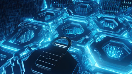 Cyber security concept with padlock and glowing hexagons. 3D renderingの素材