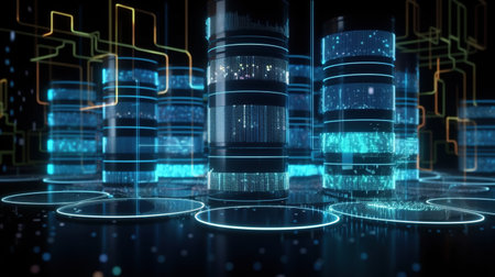 3D rendering of data center with binary code on black background.の素材