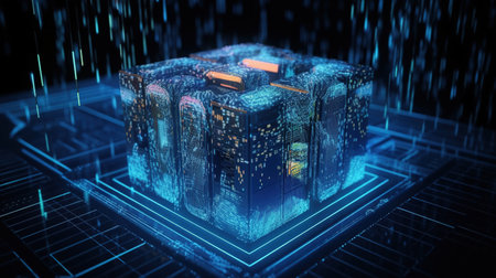 3D rendering of a futuristic building made of cubes on a dark backgroundの素材