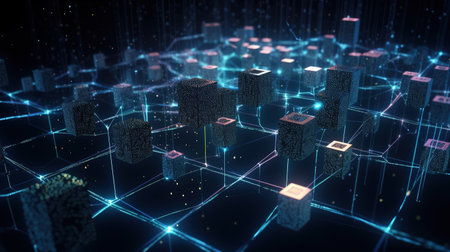 3D rendering of abstract digital city with circuit board and blue lightsの素材