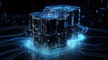 3D rendering of a cube with binary code on a dark backgroundの素材