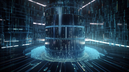 3D rendering of a data center in cyberspace with binary codeの素材