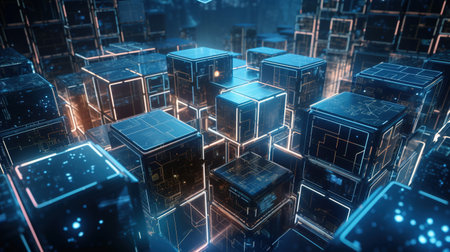 3D rendering of abstract technological digital city with glowing cubes and linesの素材