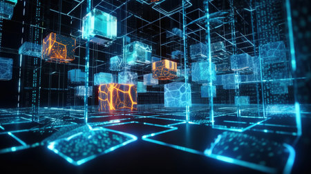 3D rendering of abstract digital city with neon lights. Network conceptの素材