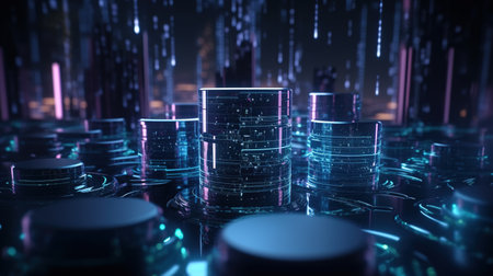 Futuristic server room with glowing neon lights. 3D Renderingの素材