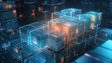 Abstract 3d rendering of cubes with glowing lights. Technology background.の素材