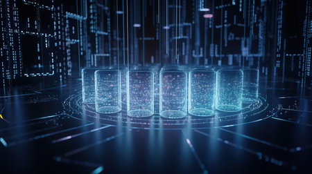 3D rendering of a virtual projection of glass jars on the background of the stock marketの素材