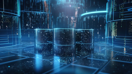 3d rendering server room with binary code on the background. Technology conceptの素材