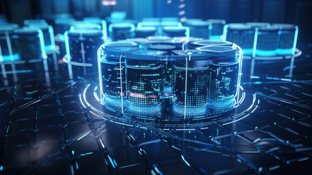 3d rendering of server room data center with binary code hologramの素材