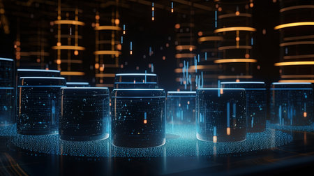 3d rendering of data center with buildings and lights on black backgroundの素材