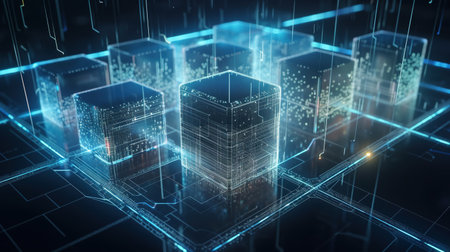 Blockchain network concept. 3d rendering toned image double exposureの素材