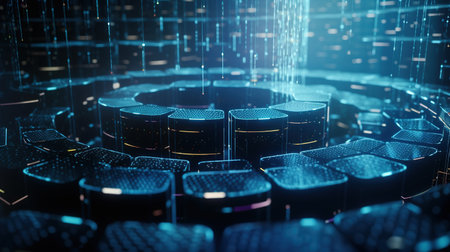 3D rendering of server room data center with binary code on itの素材