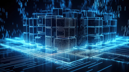 3D rendering of abstract digital city with binary code and circuit boardの素材