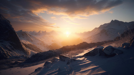 Beautiful winter landscape. Sunrise over the mountains. 3d renderの素材