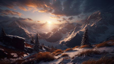 Fantastic winter landscape. Dramatic sunset in the mountains.の素材