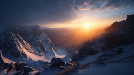 Sunset in the mountains. Sunrise in the mountains. Beautiful winter landscapeの素材