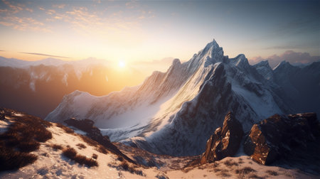 Snowy mountains at sunset. Panoramic view of the peaks.の素材