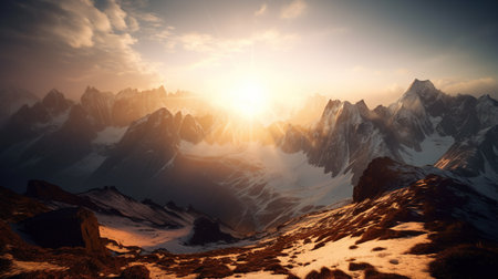 Mountain landscape with snow-capped peaks in the rays of the rising sunの素材