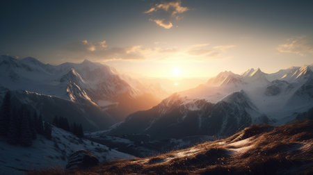 Sunset in the mountains. Panoramic view of the Alps.の素材
