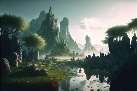 Fantasy landscape with trees and lake. 3d render illustration.の素材
