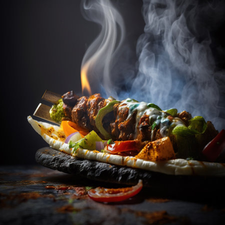 Shish kebab with meat, vegetables and sauce on a black backgroundの素材