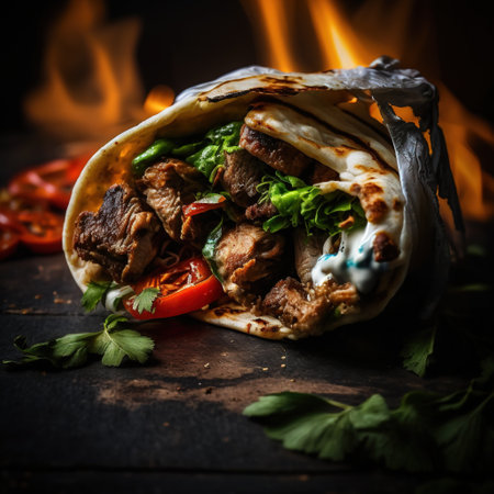 Traditional mexican tacos with beef and vegetables on dark wooden backgroundの素材