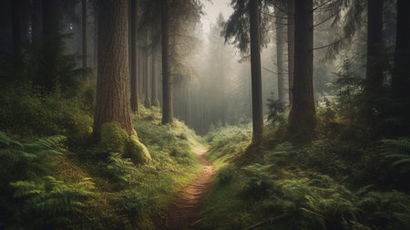 Panoramic view of a forest path in a foggy morningの素材