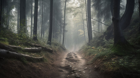 Path through the forest in a foggy day. Panoramic image.の素材
