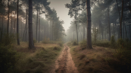 Path in the pine forest at sunrise. Panoramic view.の素材