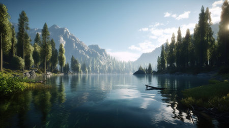 Fantastic lake in the mountains. Nature composition. 3d renderの素材