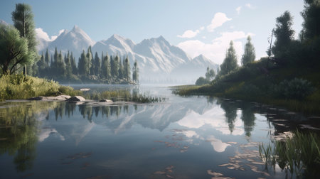 Mountains reflected in the lake, 3d rendering. Computer digital drawing.の素材