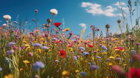 Summer meadow with wildflowers and blue sky with clouds.の素材