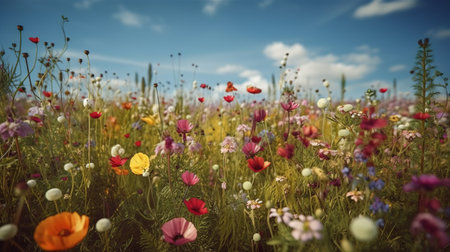 Colorful poppy flowers in the field with blue sky and white cloudsの素材