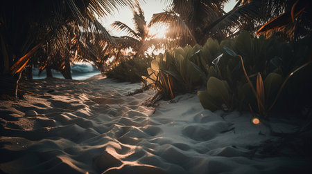 Beautiful tropical beach with palm trees and sand - Vintage filter effectの素材